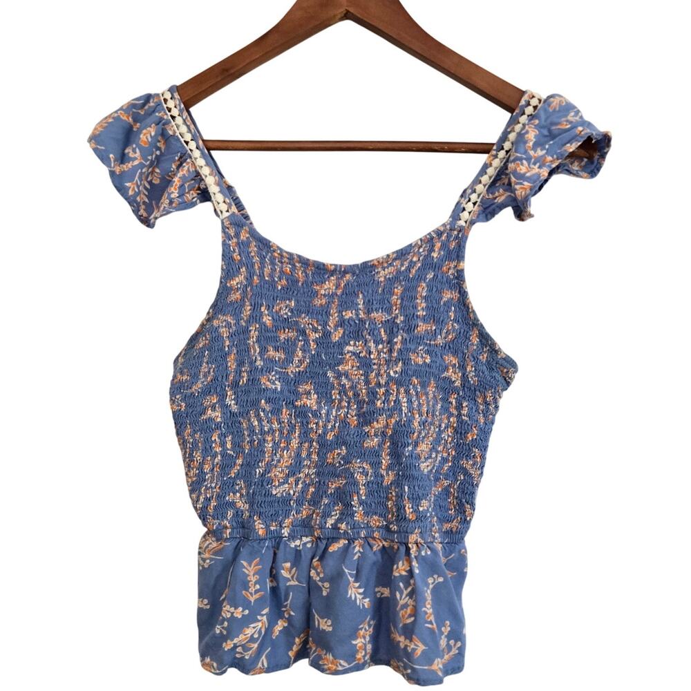 Boho Soft Romantic Smocked Blue Floral Ruffle Peplum Cottagecore Top Small